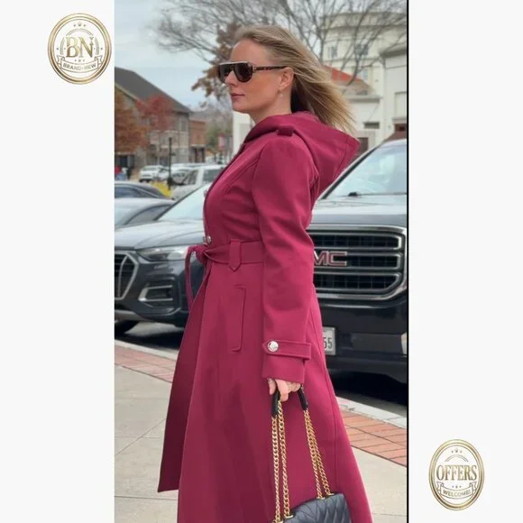 Long Wool Blend Trench Coat with Hood and Belts